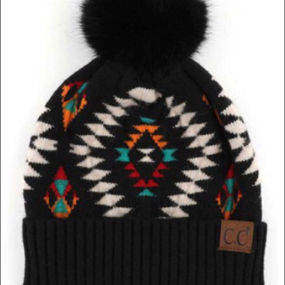 Aztec Pompom Beanie in Black